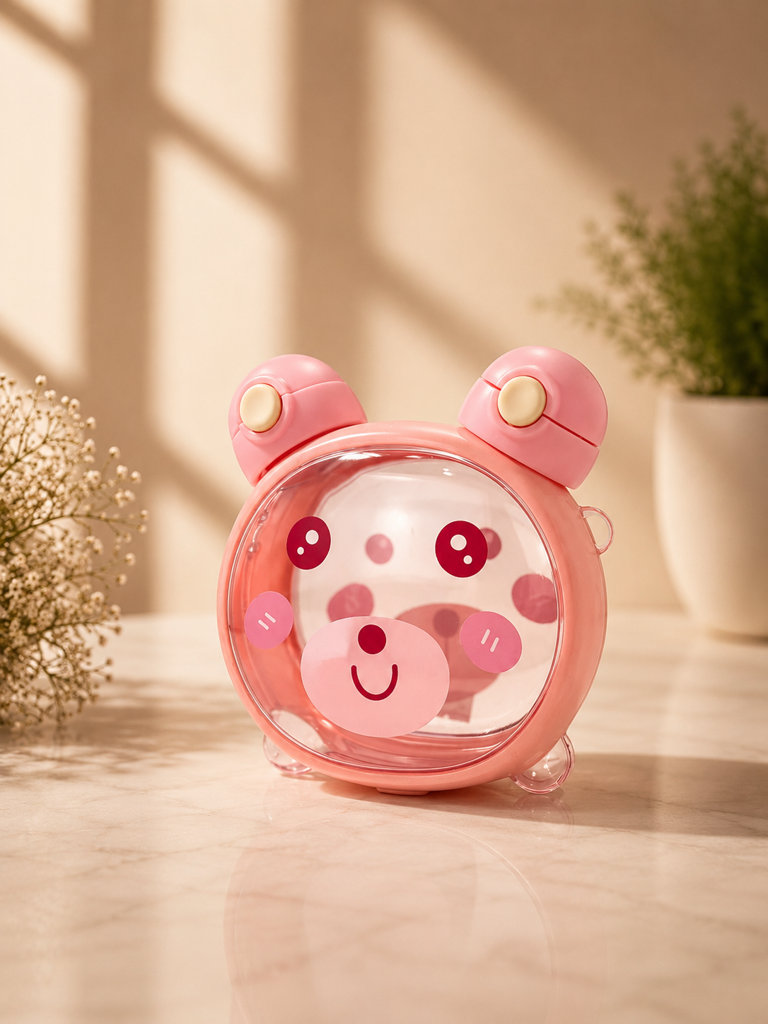 Pink cartoon bear-ear water bottle with straw and cute face front